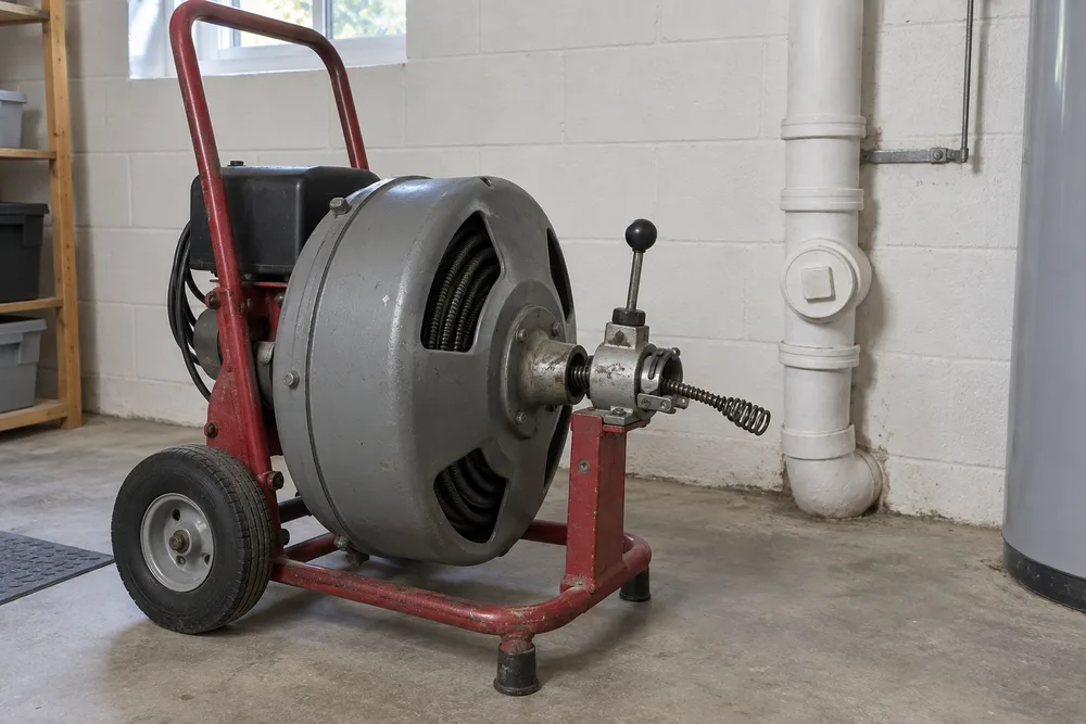 Inactive drain-rodding machine prepared for a sewer service visit
